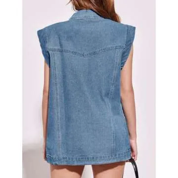 PLNOTME Womens Oversized Sleeveless Denim Vest Classic Button Down Jean Vest Casual Utility Lapel Jean Jacket