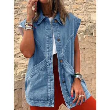 PLNOTME Womens Oversized Sleeveless Denim Vest Classic Button Down Jean Vest Casual Utility Lapel Jean Jacket
