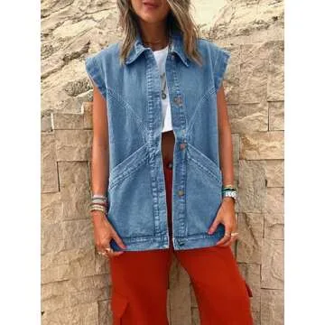 PLNOTME Womens Oversized Sleeveless Denim Vest Classic Button Down Jean Vest Casual Utility Lapel Jean Jacket