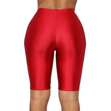 SUNFEXOY Shiny Neon Red Biker Shorts for Women,High-Waisted Bright Active Workout Yoga Pants Running Shorts Knee Length（Red,L