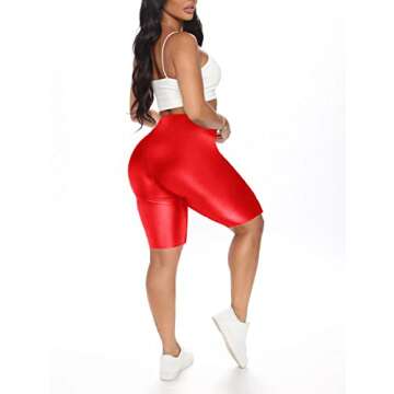 SUNFEXOY Shiny Neon Red Biker Shorts for Women,High-Waisted Bright Active Workout Yoga Pants Running Shorts Knee Length（Red,L