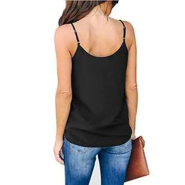 GOORY Women's Summer V-Neck Lace Cami - Black Silk Chiffon Dressy Casual Tank, Small