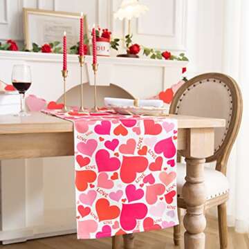 Joyfol Day Red Love Heart Valentine's Day Table Runner,Long Dresser Scarf, Mother's Day Canvas Table Runners Anniversary Wedding Kitchen Dining Room,for Home Party Decor 13" x 108"