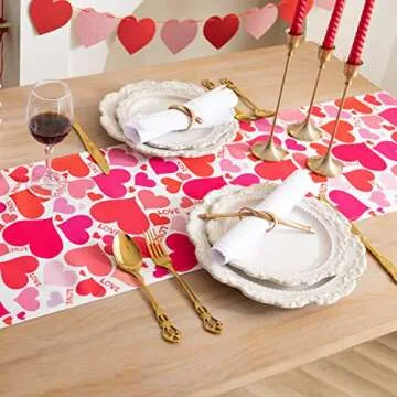 Joyfol Day Red Love Heart Valentine's Day Table Runner,Long Dresser Scarf, Mother's Day Canvas Table Runners Anniversary Wedding Kitchen Dining Room,for Home Party Decor 13" x 108"