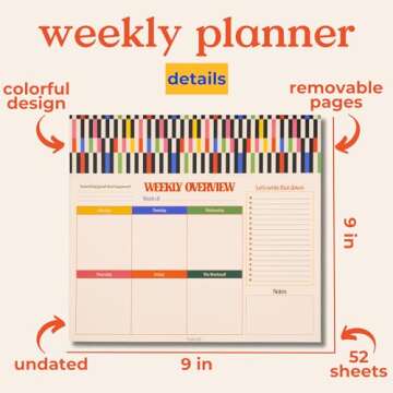 ban.do Weekly Planner Notepad, Mini Desk Planner, Undated Weekly Calendar, Daily To Do List Notepad with 52 Sheets, Mid Century Stripe