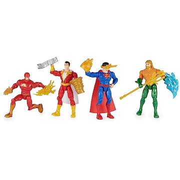 DC Comics, Action Figures 4-Pack, Superman, The Flash, Shazam!, Aquaman 4-inch Figures, Accessories, Superhero Kids Toys for Boys and Girls, Ages 3+
