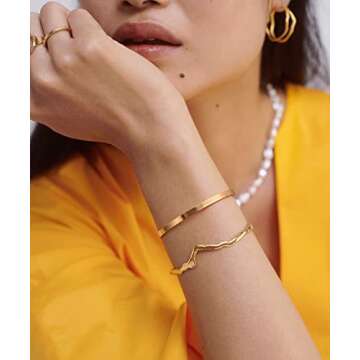 Aobei Pearl Minimalist 18K Gold Brushed Thin Cuff Bangle Bracelet for Women Adjustable Open Oval Cuf...