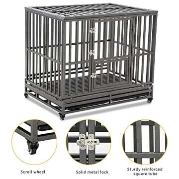 LUCKUP Heavy Duty Dog Cage Metal Kennel and Crate for Medium and Large Dogs, Pet Playpen with Four Wheels,Easy to Install,42 inch,Black