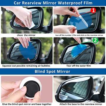 Tallew 20 Pcs Car Rearview Mirror Film Set, 12 Waterproof Mirror Film, 2 Side Rain Guard, 2 Blind Spot Mirrors 4 Scraper and Cleaning Cloth for Most Car Truck Suv