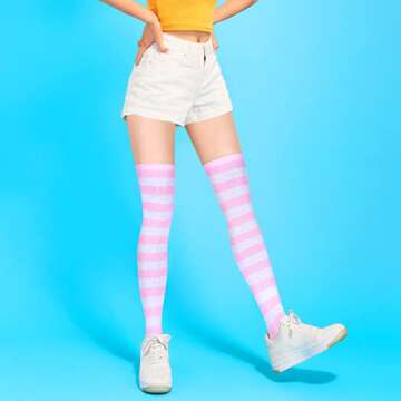 Benefeet Sox Pink Striped Thigh High Socks for Women Cute Pink and White Stripe Knee High Socks for Teen Girls Womens Over The Knee Socks Long Stripes Tube Cotton Socks Cosplay Thigh Highs Stockings