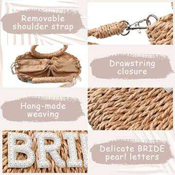 Pinkunn Bride Gift Bride Straw Purse Mrs Handwoven Bag Rhinestone Letter Bag Bachelorette Honeymoon Wedding Bridal Shower(BRIDE)