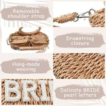 Pinkunn Bride Gift Bride Straw Purse Mrs Handwoven Bag Rhinestone Letter Bag Bachelorette Honeymoon Wedding Bridal Shower(BRIDE)