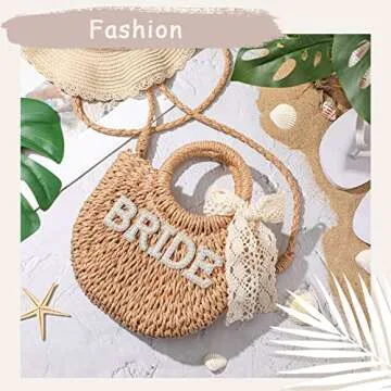 Pinkunn Bride Gift Bride Straw Purse Mrs Handwoven Bag Rhinestone Letter Bag Bachelorette Honeymoon Wedding Bridal Shower(BRIDE)