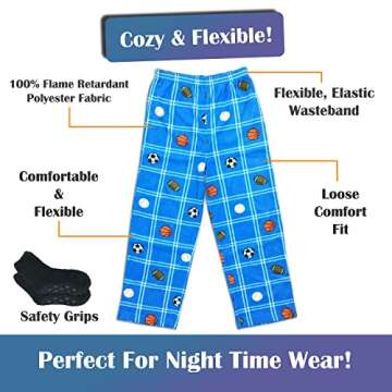 Mad Dog 2 Pack Boys Pajama Pants - Soft Fleece PJ Bottoms for Kids - Buffalo Plaid Lounge Pants, Warm & Comfy Microfleece Set - Size: 10-12, Black plaid/Sports