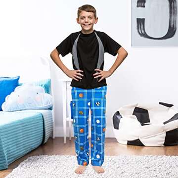 Mad Dog 2 Pack Boys Pajama Pants - Soft Fleece PJ Bottoms for Kids - Buffalo Plaid Lounge Pants, Warm & Comfy Microfleece Set - Size: 10-12, Black plaid/Sports