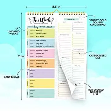 Decorably 52 Sheets Pastel Undated Weekly Meal Planner and Grocery List, 8.5x11in Spring-Bound Meal Planning Notepad, Weekly Menu Planner Pad