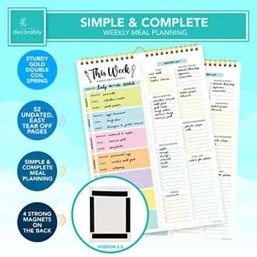 Decorably 52 Sheets Pastel Undated Weekly Meal Planner and Grocery List, 8.5x11in Spring-Bound Meal Planning Notepad, Weekly Menu Planner Pad