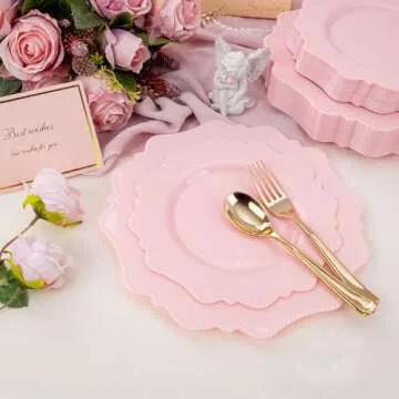 60 Pack Disposable Pink Plastic Plates for Parties