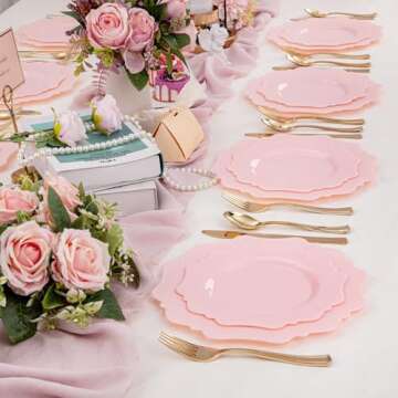 COLOSUS Disposable Pink Party Plastic Plates Set, 60 Pack (30 Guest) Dinner & Salad/Dessert Plate for Spring Wedding Birthday Valentine's Day Party Dinner