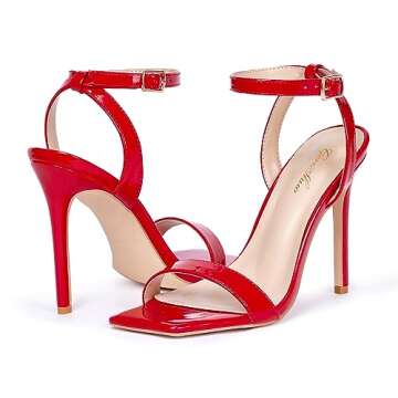 GENSHUO Womens Stiletto High Heeled Sandals Open Square Toe Ankle Buckle Heels Sandals 4.3 Inch Strappy Sandals for Party Prom Homecoming Dressy Shoes Red Size 6