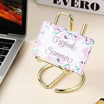 2 Pieces Metal Business Card Holder for Desk, Cell Phone Stand, Elegant Line Business Card Display Holder Stand, Office Desktop ID Name Organizer