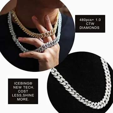 Halukakah Gold Chain Iced Out for Men,14MM Miami Cuban Link Chain Choker Necklace 18In(45cm) Platinum White Gold Finish,Full Cz Diamond Prong Set,Gift for Him