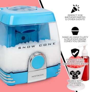 Nostalgia Snow Cone Shaved Ice Machine - Retro Table-Top Slushie Machine Makes 30 Icy Treats - Inclu...