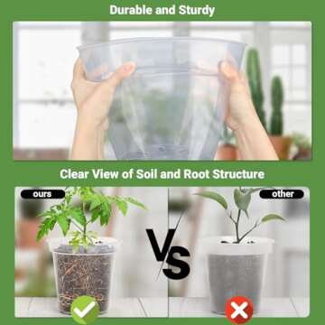 GREANER 9 Inch 10 Packs Clear Nursery Pots, Plastic Nursery Pot for Plants, Durable Seed Starting Pot with Drainage Holes, Flexible Transparent Pot for Outdoor Indoor Plants（20 Plant Labels）