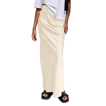 Amy Babe Women's Satin Silky High Waist Maxi Skirt Elegant Elastic Waistband A Line Long Skirts (Bei...