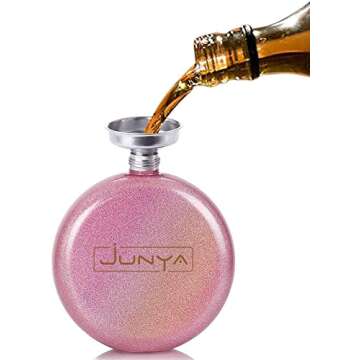 Cute Liquor Flask for Women, Junya 304 Stainless Steel,Pretty Glitter Coating Whiskey Flasks,Shining Rhinestone Cap,Portable Wine Flask for Drink Bar BBQS and Traveling,Capacity 5 oz