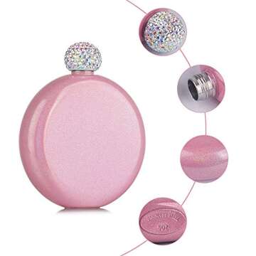 Cute Liquor Flask for Women, Junya 304 Stainless Steel,Pretty Glitter Coating Whiskey Flasks,Shining Rhinestone Cap,Portable Wine Flask for Drink Bar BBQS and Traveling,Capacity 5 oz