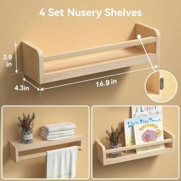 Boswillon Dual-Guard Nursery Book Shelves Set of 4, Floating Shelves for Nursery Room Wall Decor, Wa...