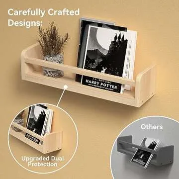Boswillon Dual-Guard Nursery Book Shelves Set of 4, Floating Shelves for Nursery Room Wall Decor, Wall Mount Kids Bookshelf for Baby Bedroom Storage, Toddler Toy Hanging Wall Organizer - Natural Wood