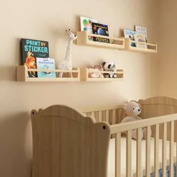 Boswillon Dual-Guard Nursery Book Shelves Set of 4, Floating Shelves for Nursery Room Wall Decor, Wall Mount Kids Bookshelf for Baby Bedroom Storage, Toddler Toy Hanging Wall Organizer - Natural Wood