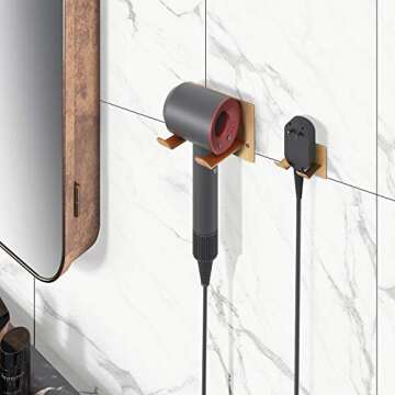XIGOO Adhesive Hair Dryer Holder - Stick on Wall or Wall Mount Bathroom Hair Blow Dryer Rack Organizer Compatible with Supersonic Hair Dryers (Gold)