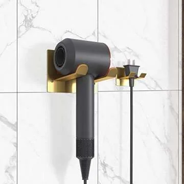 XIGOO Adhesive Hair Dryer Holder - Stick on Wall or Wall Mount Bathroom Hair Blow Dryer Rack Organizer Compatible with Supersonic Hair Dryers (Gold)