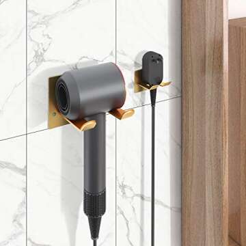 XIGOO Adhesive Hair Dryer Holder - Stick on Wall or Wall Mount Bathroom Hair Blow Dryer Rack Organizer Compatible with Supersonic Hair Dryers (Gold)