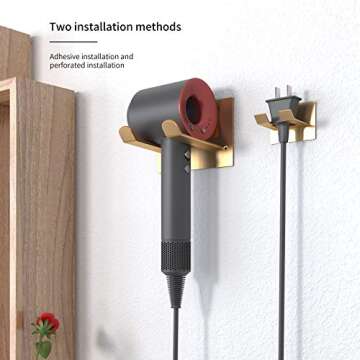 XIGOO Adhesive Hair Dryer Holder - Stick on Wall or Wall Mount Bathroom Hair Blow Dryer Rack Organizer Compatible with Supersonic Hair Dryers (Gold)