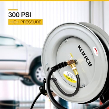 Klutch Auto Rewind Air Hose Reel 50ft Rubber Hose 300 PSI