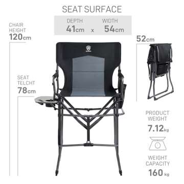 EVER ADVANCED Portable 30.7" Seat Height Tall Folding Camping Chair Directors Chair High Foldable Bar Stool with Side Table for Makeup Artist, Sports Event, Craft Show, Supports 350LBS Black Grey