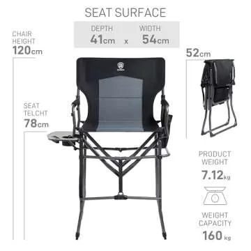 EVER ADVANCED Portable 30.7" Seat Height Tall Folding Camping Chair Directors Chair High Foldable Bar Stool with Side Table for Makeup Artist, Sports Event, Craft Show, Supports 350LBS Black Grey