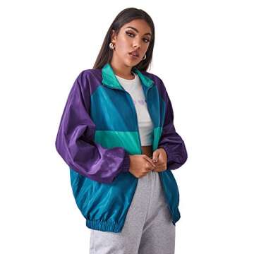 SweatyRocks Women's Lightweight Windbreaker Patchwork Zipper Sport Jacket Coat Outerwear