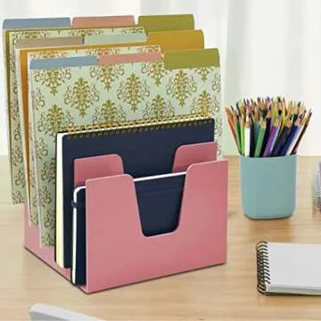 Acrimet 5 Section Incline File Sorter Organizer, Mail, Folder, Letter Desk Organizer, Rack for Office Organization Desktop (Plastic) (Solid Pink Color)