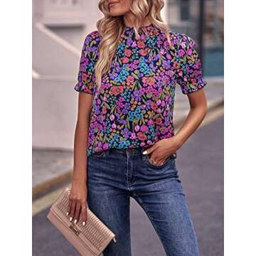 PHIXWOLRD Puff Sleeve Tops for Women 2023 Summer Vacation Floral Boho Trendy Tops Half Sleeve Purple Blouse S