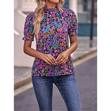 PHIXWOLRD Puff Sleeve Tops for Women 2023 Summer Vacation Floral Boho Trendy Tops Half Sleeve Purple Blouse S