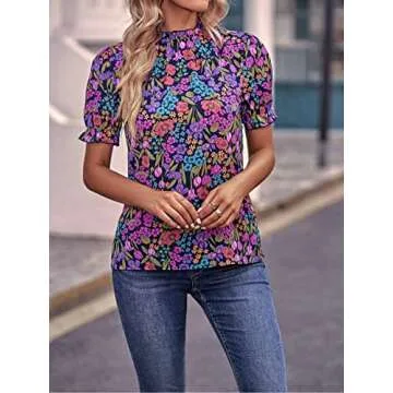 PHIXWOLRD Puff Sleeve Tops for Women 2023 Summer Vacation Floral Boho Trendy Tops Half Sleeve Purple Blouse S