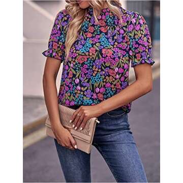 PHIXWOLRD Puff Sleeve Tops for Women 2023 Summer Vacation Floral Boho Trendy Tops Half Sleeve Purple Blouse S
