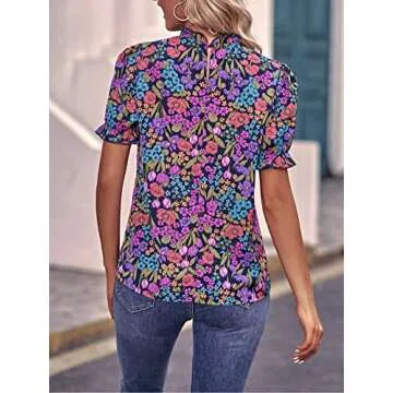 PHIXWOLRD Puff Sleeve Tops for Women 2023 Summer Vacation Floral Boho Trendy Tops Half Sleeve Purple Blouse S