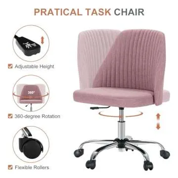 DUMOS Office Desk Chair, Modern Cute Rolling Vanity Swivel Task Chairs with Wheels, Comfortable Back Seat Armless for Home, Bedrooms, Office, Study, Student, Adults, Make-up, Dressing Room, Pink