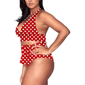 Women's 2 Pieces Plus Size Swimwear High Waist Halter Bikini Swimsuits Red Polka Dot 3XL